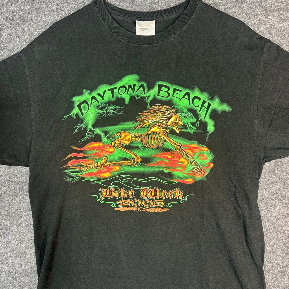 2005 Daytona Beach Bike Week Skeleton Flaming Motorcycle T Shirt Mens Large